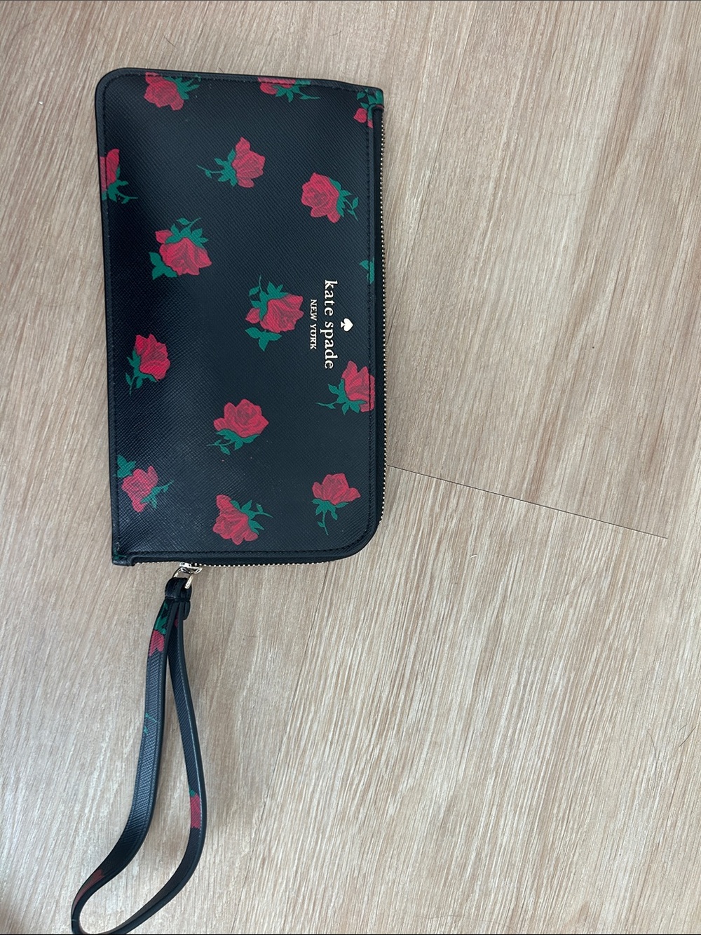 kate spade Black Floral Zip Wristlet with Red Roses